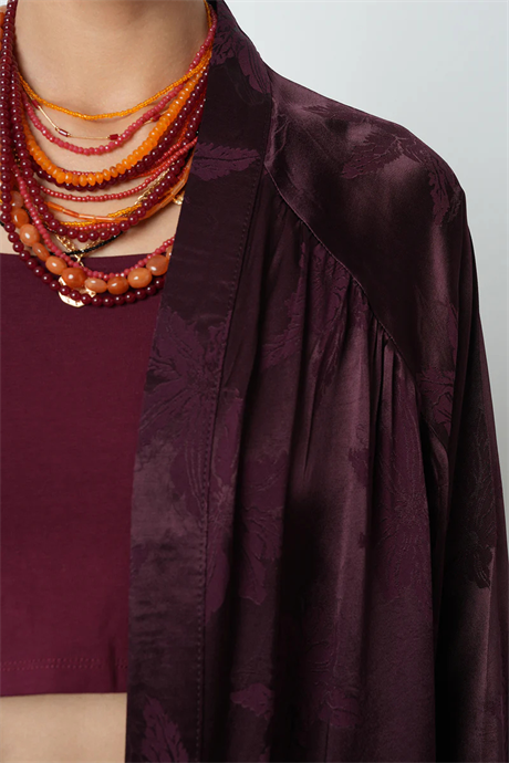 Bordo Yaprak Desenli Oversize Kadın Kimono - 34639