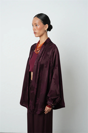 Bordo Yaprak Desenli Oversize Kadın Kimono - 34639