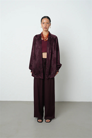 Bordo Yaprak Desenli Oversize Kadın Kimono - 34639