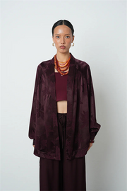 Bordo Yaprak Desenli Oversize Kadın Kimono - 34639