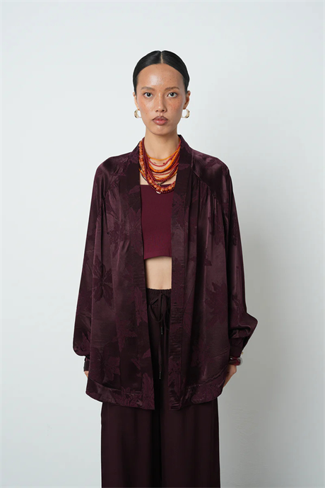 Bordo Yaprak Desenli Oversize Kadın Kimono - 34639