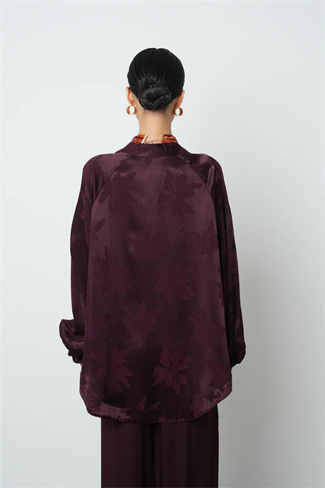 Bordo Yaprak Desenli Oversize Kadın Kimono - 34639