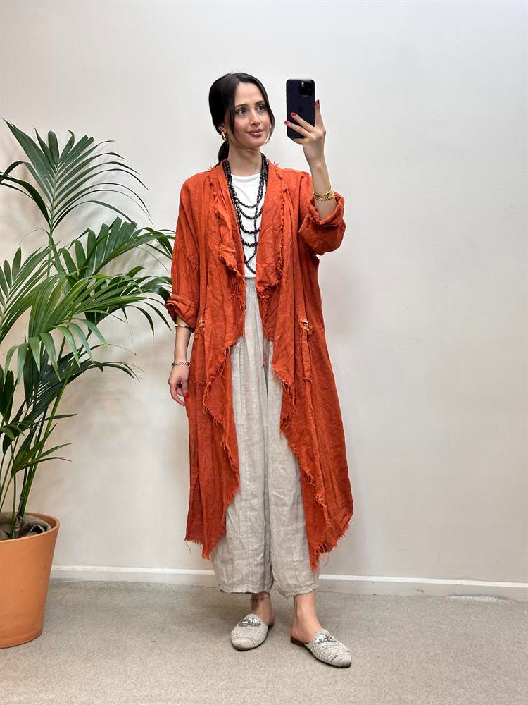 Cep Fermuarlı Keten Kap Turuncu