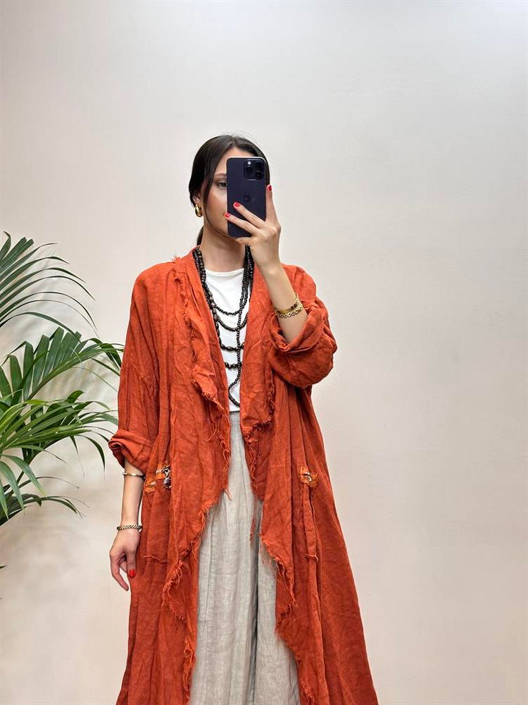 Cep Fermuarlı Keten Kap Turuncu