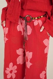 Çiçek Desenli Keten Pantolon Kırmızı