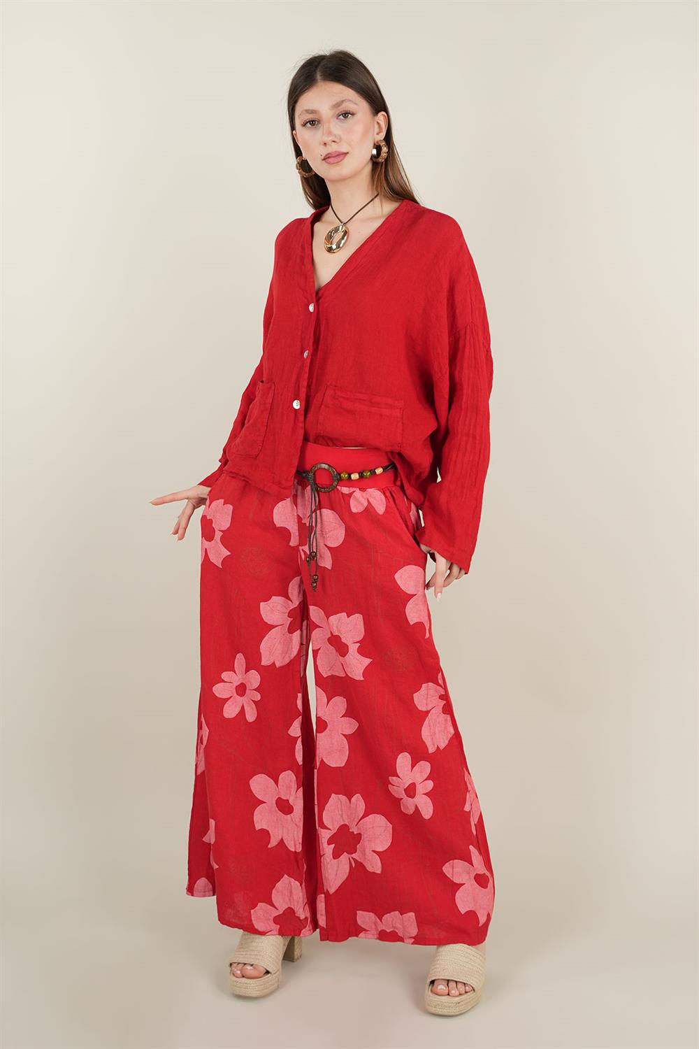 Çiçek Desenli Keten Pantolon Kırmızı