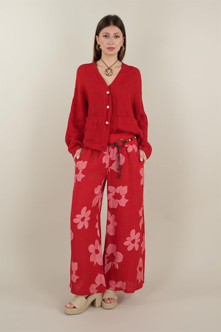 Çiçek Desenli Keten Pantolon Kırmızı