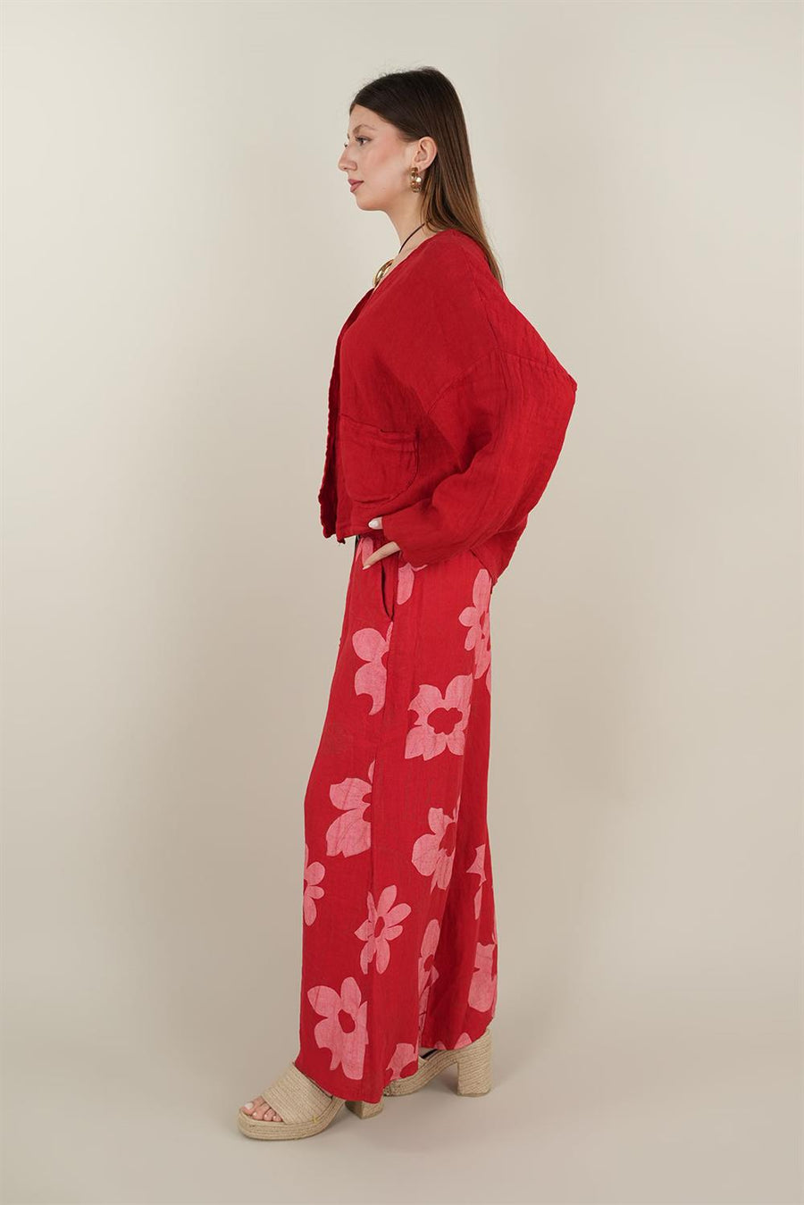 Çiçek Desenli Keten Pantolon Kırmızı