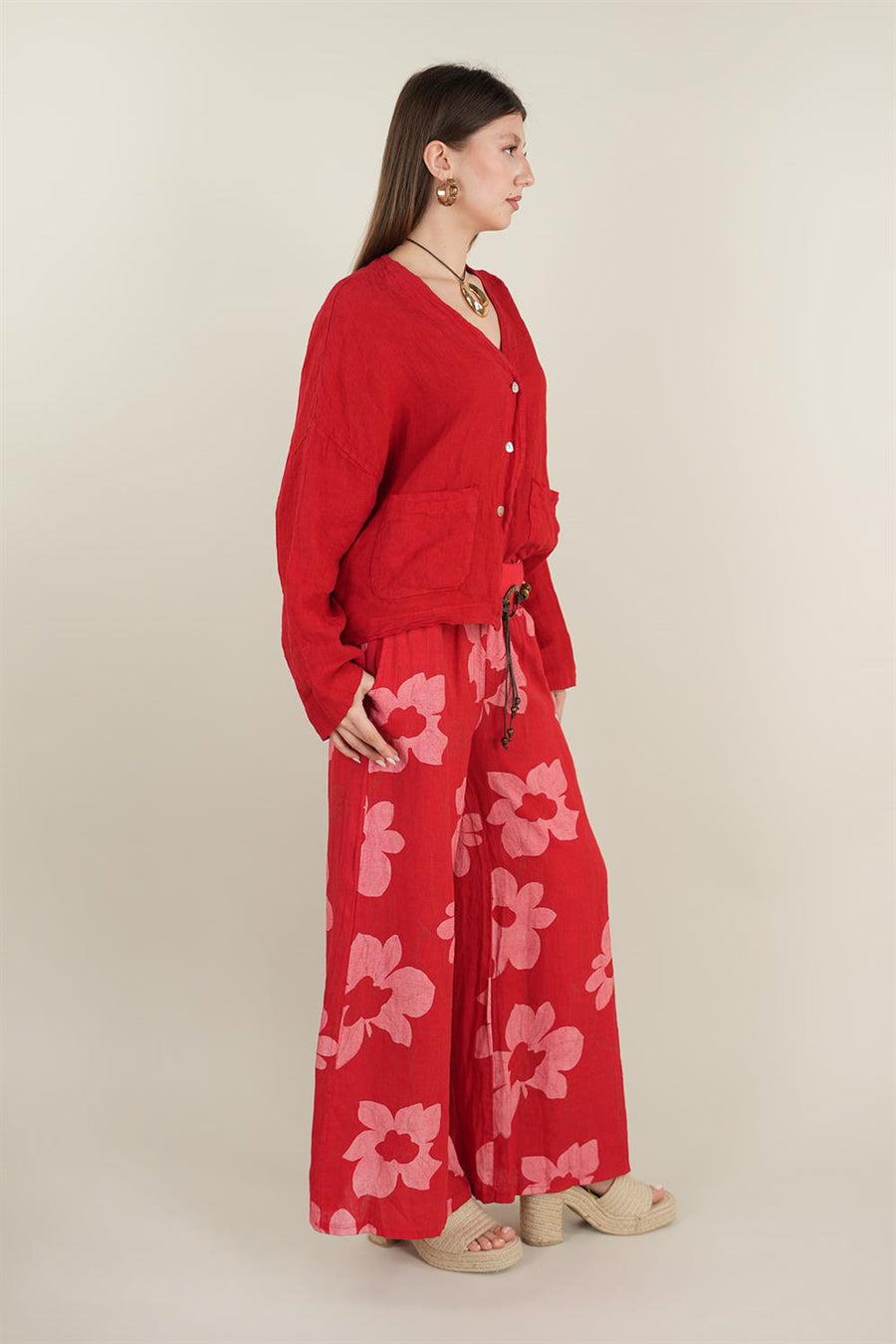 Çiçek Desenli Keten Pantolon Kırmızı