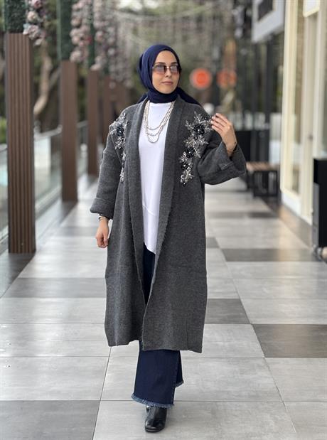 Çift İşlemeli Triko Hırka FÜME