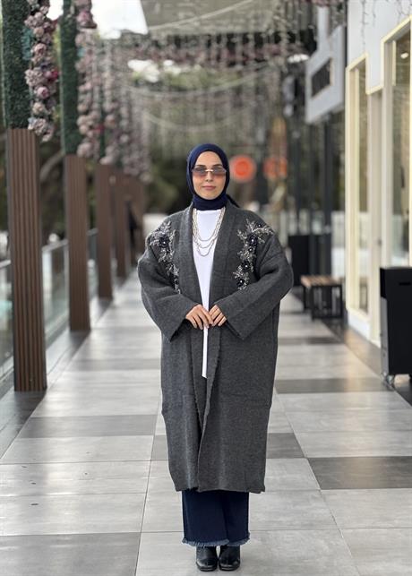 Çift İşlemeli Triko Hırka FÜME