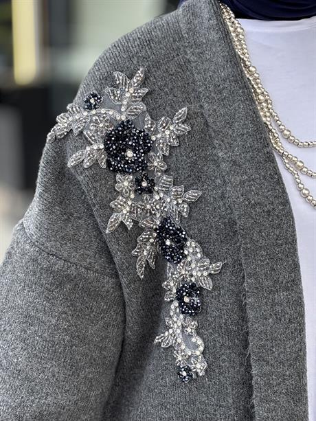 Çift İşlemeli Triko Hırka FÜME