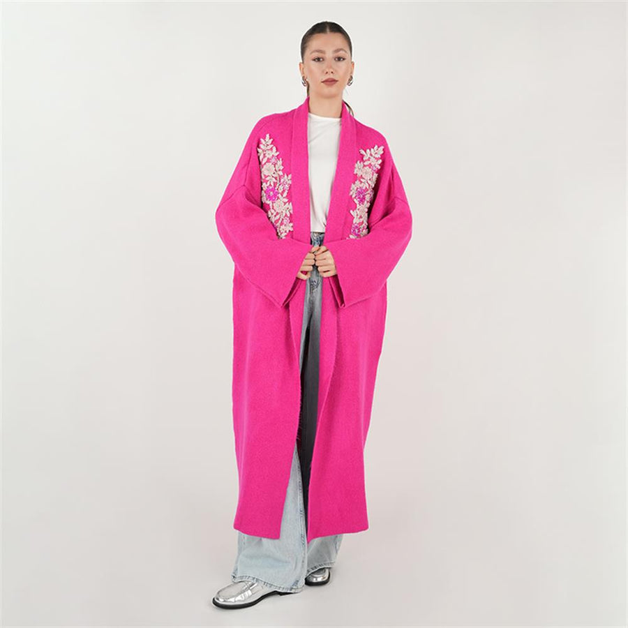 Çift İşlemeli Triko Hırka Fuşya