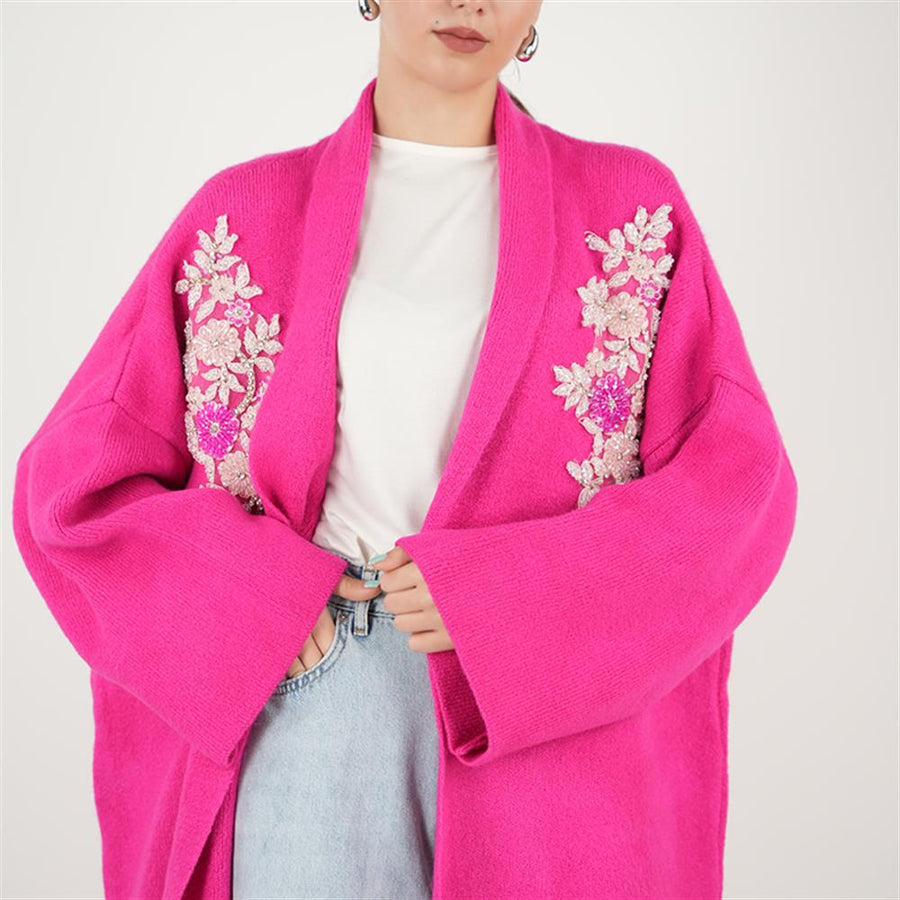 Çift İşlemeli Triko Hırka Fuşya