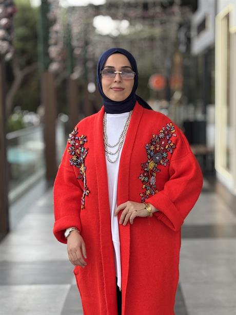 Çift İşlemeli Triko Hırka KIRMIZI