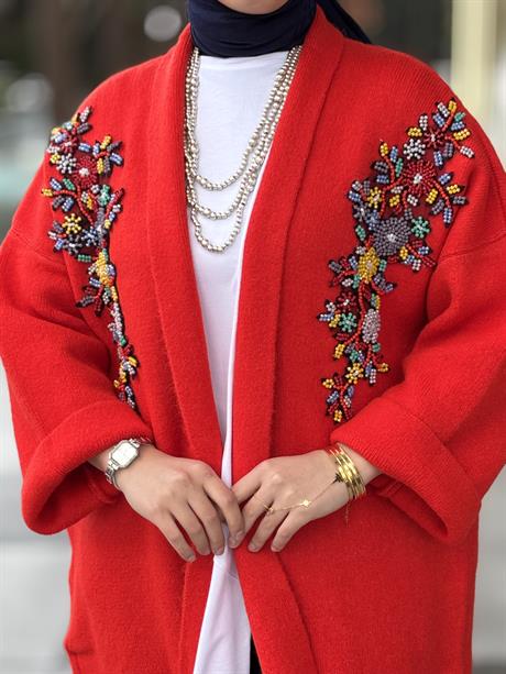 Çift İşlemeli Triko Hırka KIRMIZI