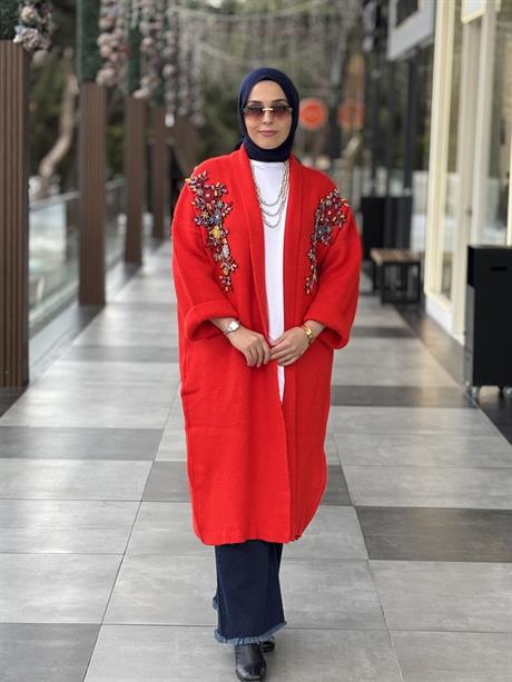 Çift İşlemeli Triko Hırka KIRMIZI