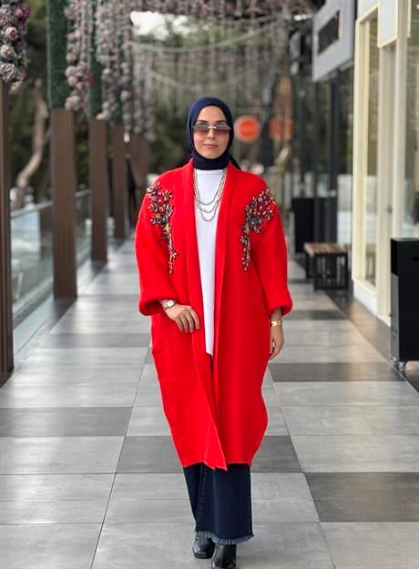 Çift İşlemeli Triko Hırka KIRMIZI