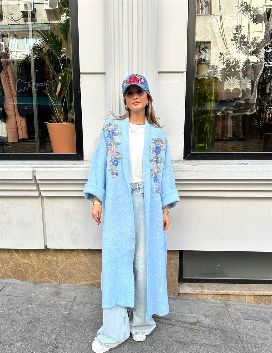 Çift Taşlı Uzun İşlemeli Triko Hırka Bebe Mavisi