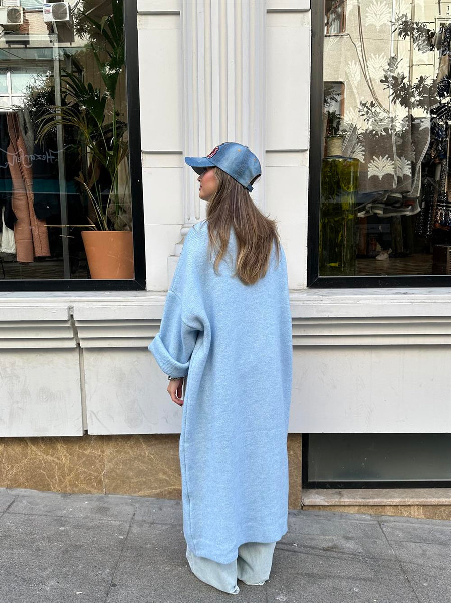 Çift Taşlı Uzun İşlemeli Triko Hırka Bebe Mavisi