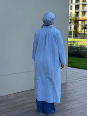 Çizgili Cepli Uzun Gömlek Açık Mavi