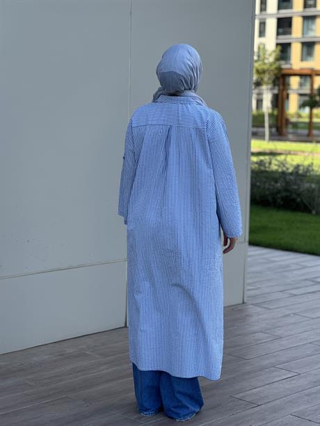 Çizgili Cepli Uzun Gömlek Açık Mavi