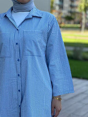 Çizgili Cepli Uzun Gömlek Açık Mavi