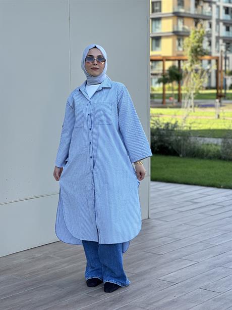 Çizgili Cepli Uzun Gömlek Açık Mavi