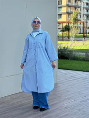 Çizgili Cepli Uzun Gömlek Açık Mavi