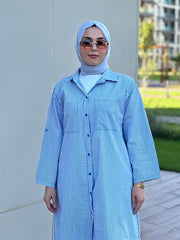 Çizgili Cepli Uzun Gömlek Açık Mavi