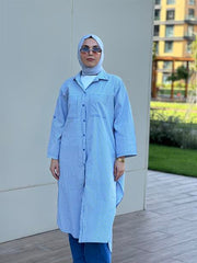 Çizgili Cepli Uzun Gömlek Açık Mavi