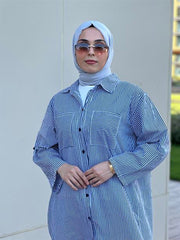 Çizgili Cepli Uzun Gömlek Lacivert