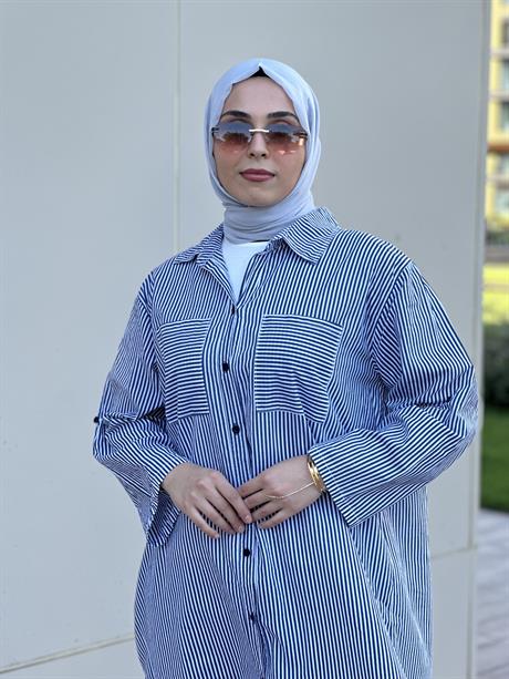Çizgili Cepli Uzun Gömlek Lacivert