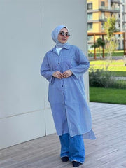 Çizgili Cepli Uzun Gömlek Lacivert