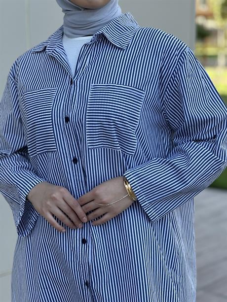 Çizgili Cepli Uzun Gömlek Lacivert