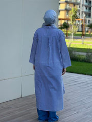 Çizgili Cepli Uzun Gömlek Lacivert