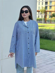 Çizgili Hakim Yakalı Tunik Gömlek Lacivert