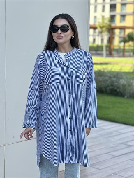 Çizgili Hakim Yakalı Tunik Gömlek Lacivert