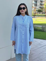 Çizgili Hakim Yakalı Tunik Gömlek Mavi