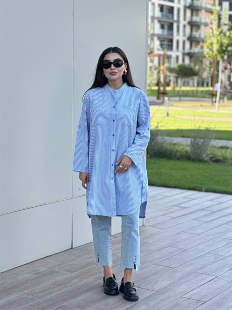 Çizgili Hakim Yakalı Tunik Gömlek Mavi