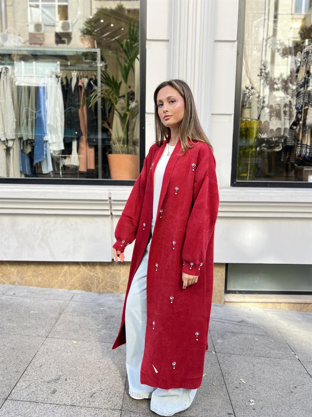 Damla Taşlı Uzun Hırka Bordo