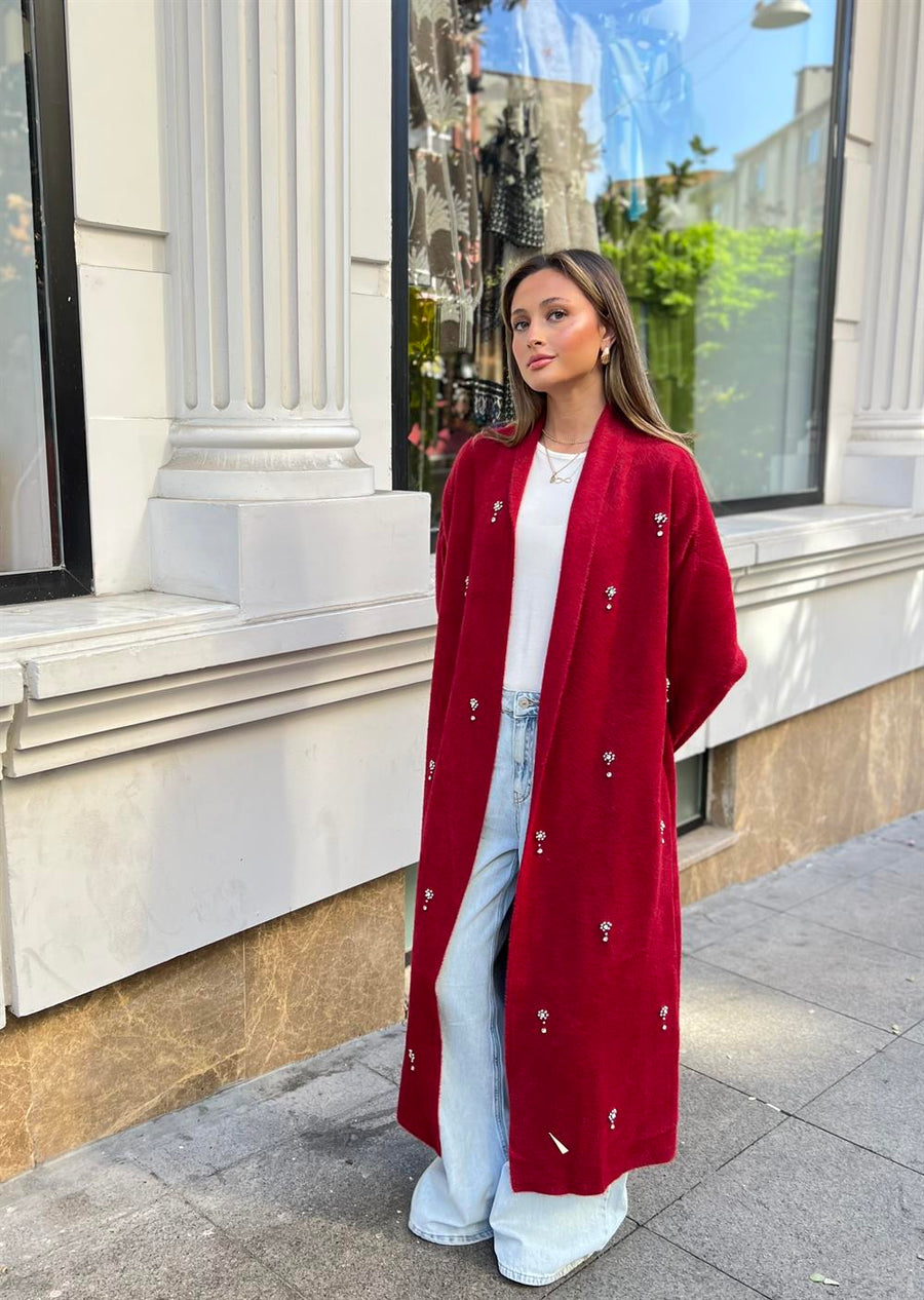 Damla Taşlı Uzun Hırka Bordo