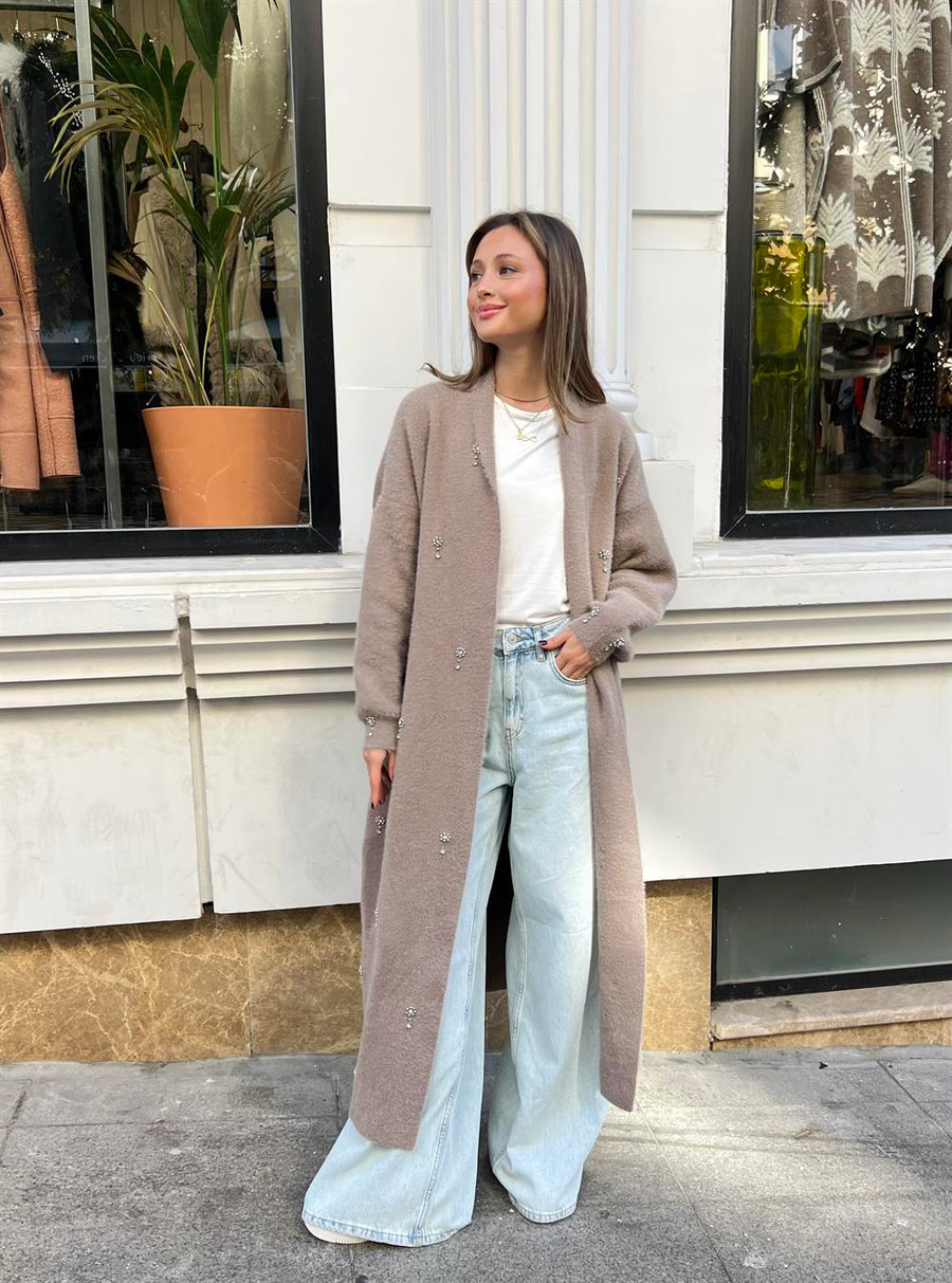 Damla Taşlı Uzun Hırka Vizon