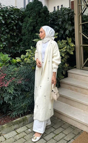 Damla Taşlı Uzun Hırka Vanilya