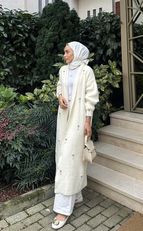 Damla Taşlı Uzun Hırka Vanilya