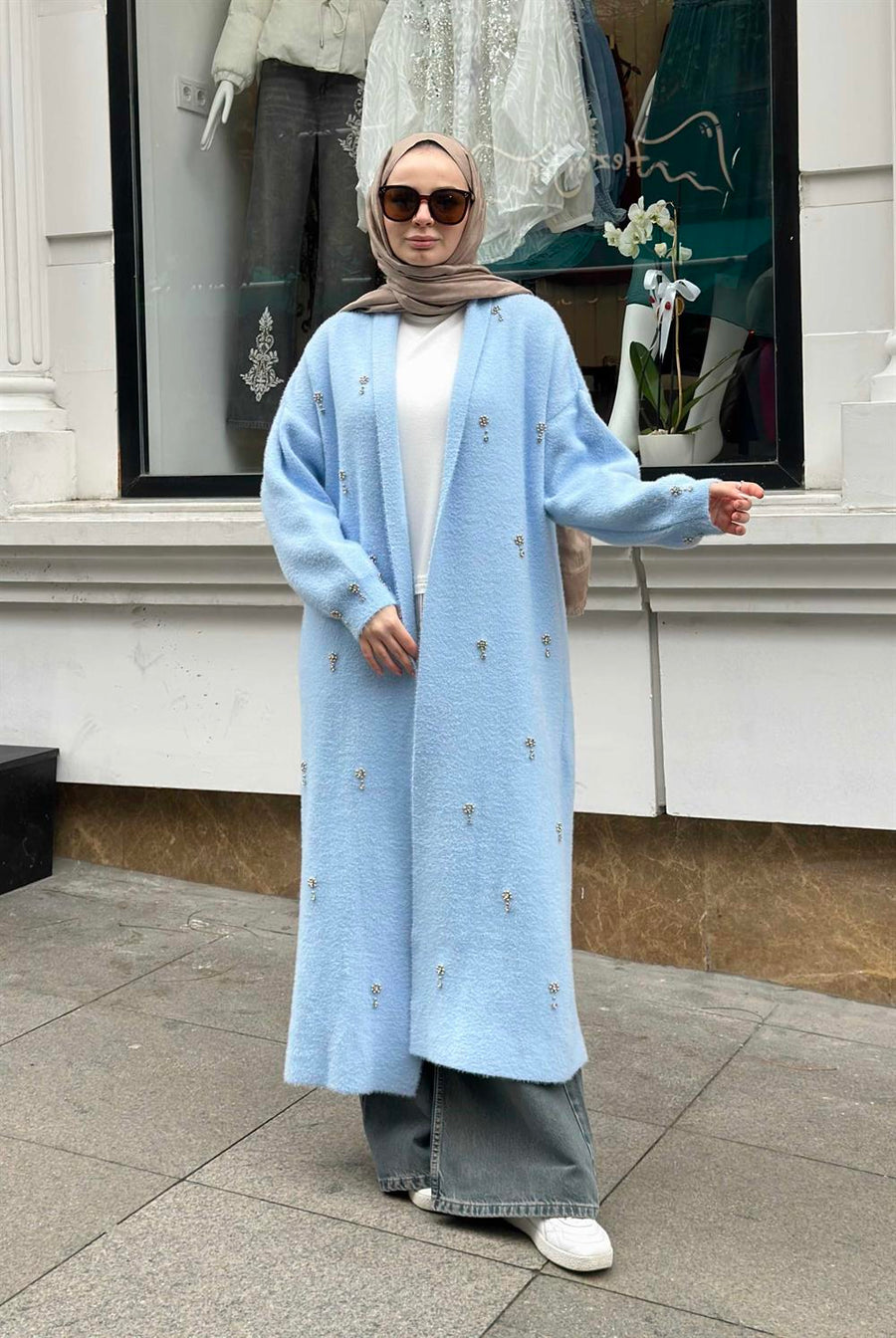 Damla Taşlı Uzun Hırka Bebe Mavisi