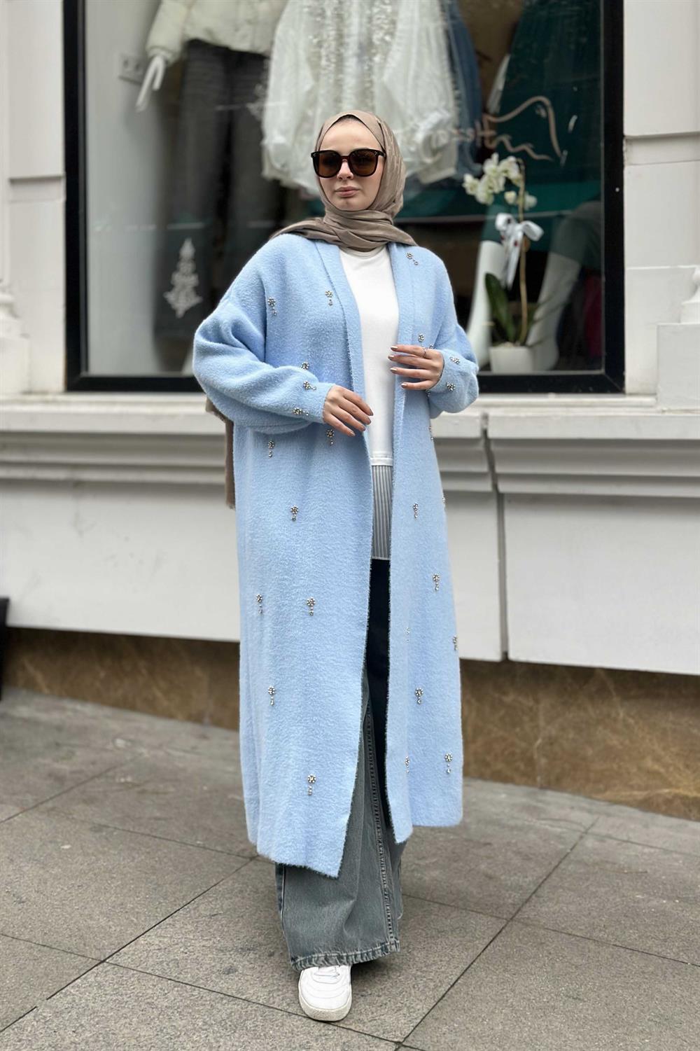 Damla Taşlı Uzun Hırka Bebe Mavisi