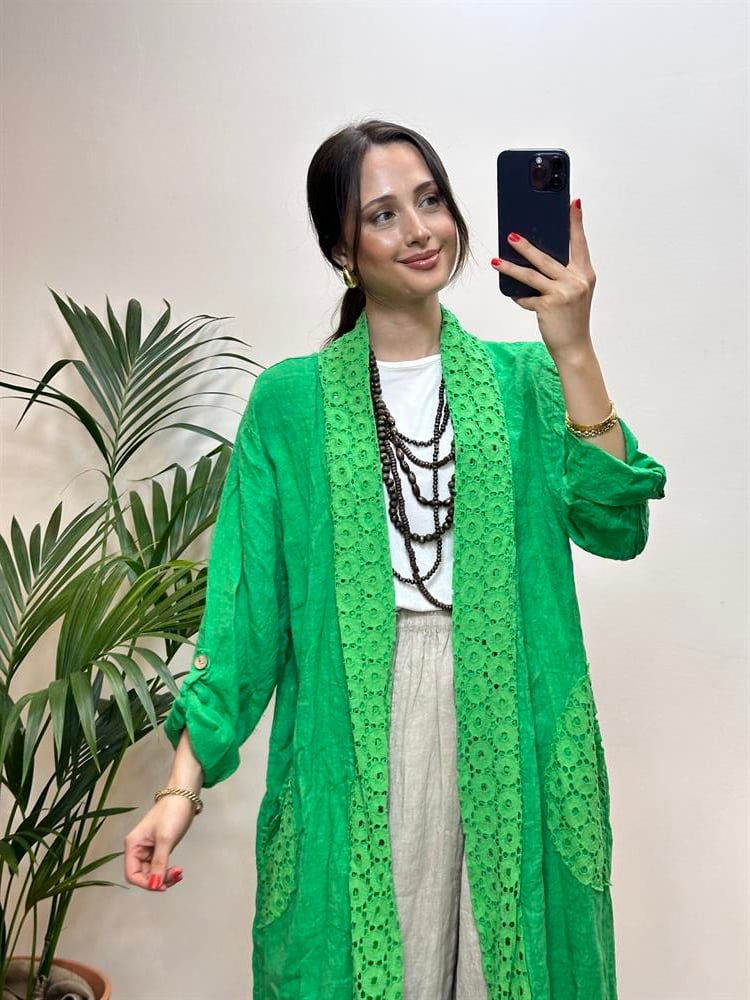 Dantel Detaylı Keten Kap Yeşil