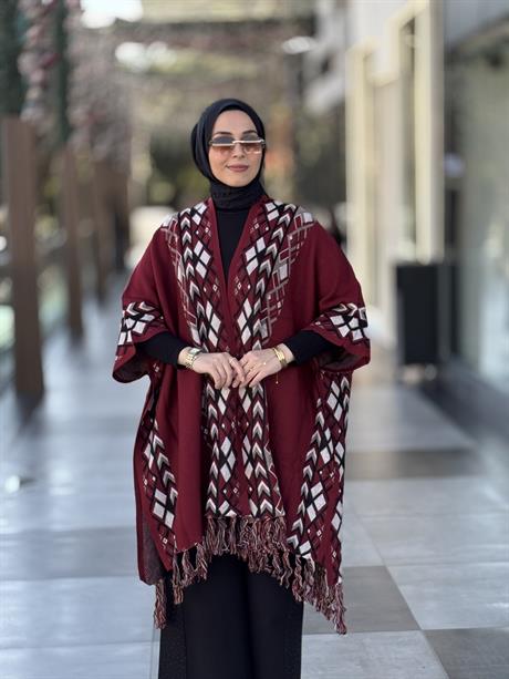 Etnik Desenli Püsküllü Panço - Bordo