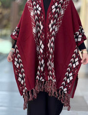 Etnik Desenli Püsküllü Panço - Bordo